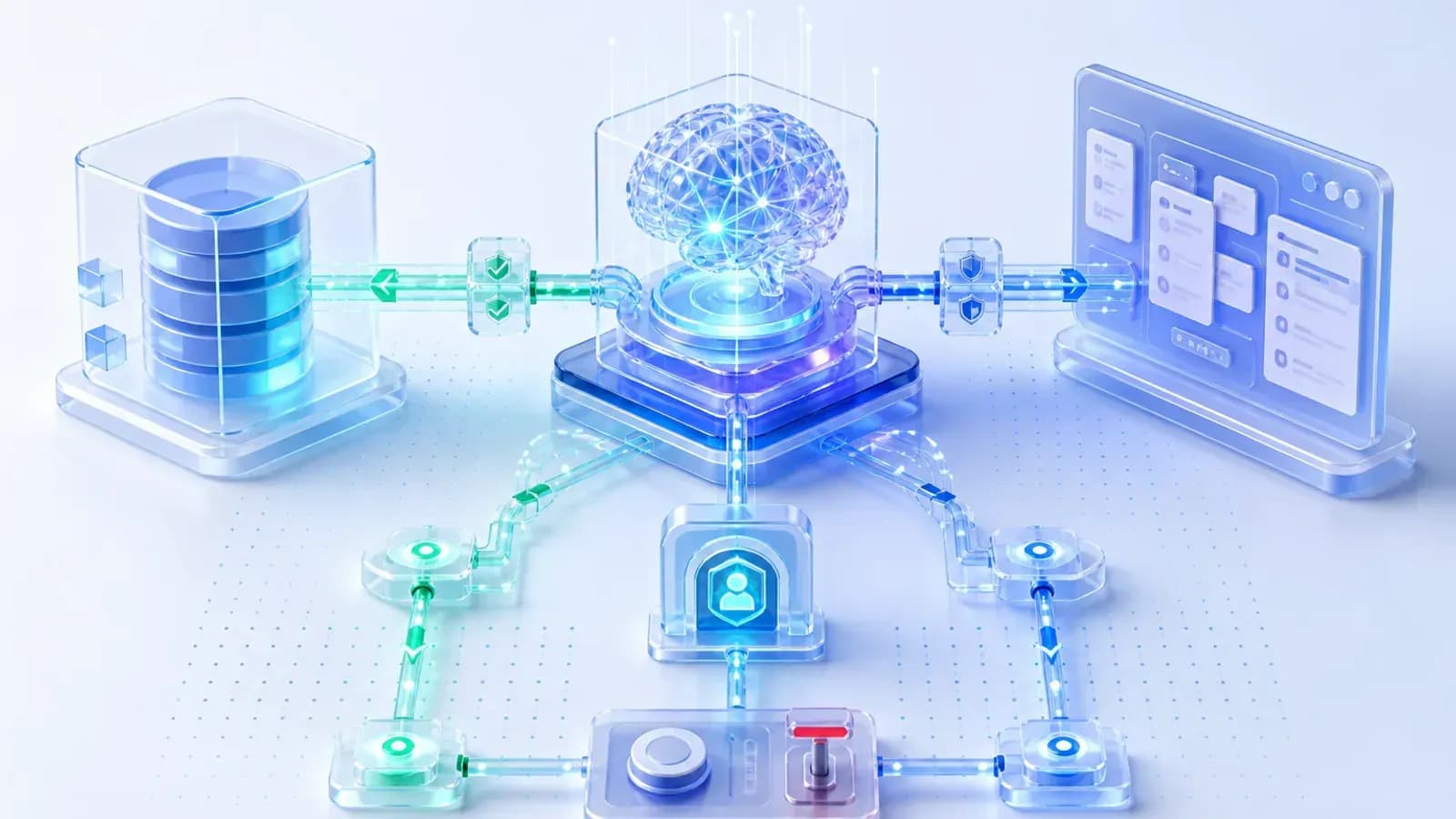 AI 服务通过受控接口连接 ERP 与 OA 业务系统的分层架构插画