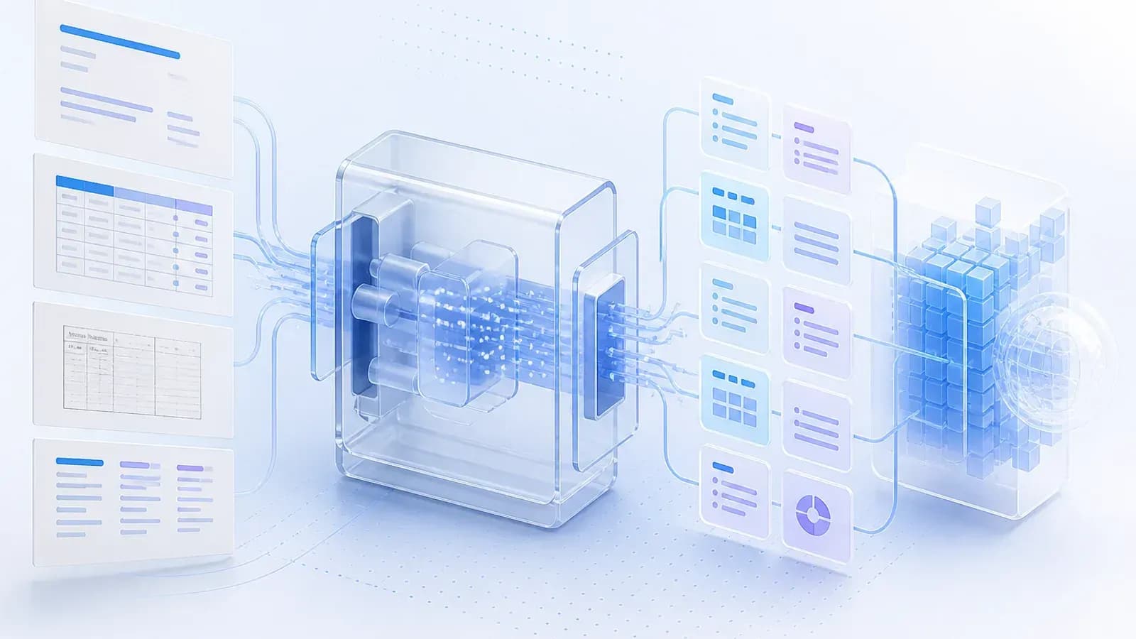 标题、表格与扫描页面经过解析和切分后进入 AI 检索系统的抽象插画