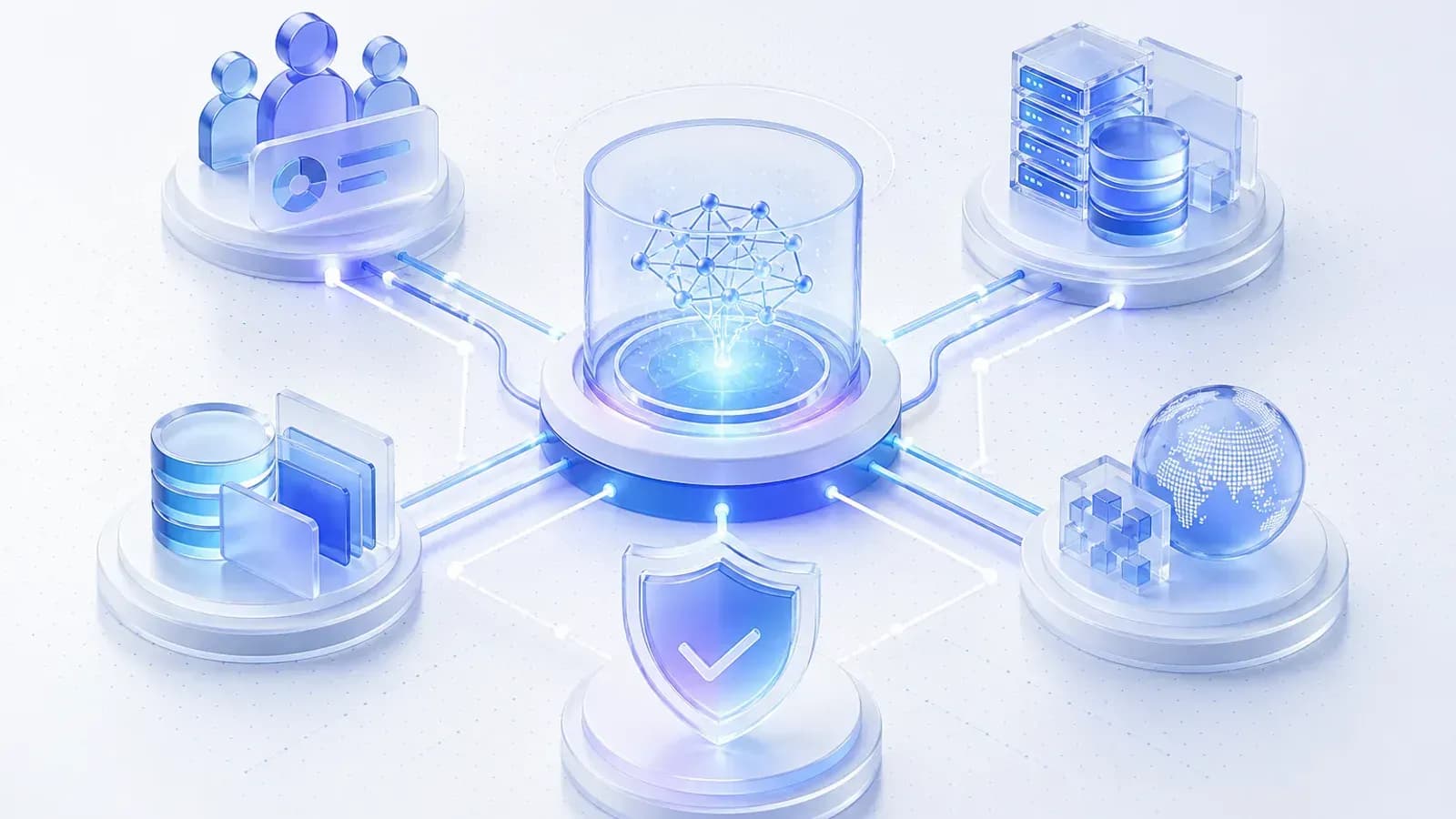 业务、IT、数据、合规与供应商围绕企业 AI 项目协同的抽象插画