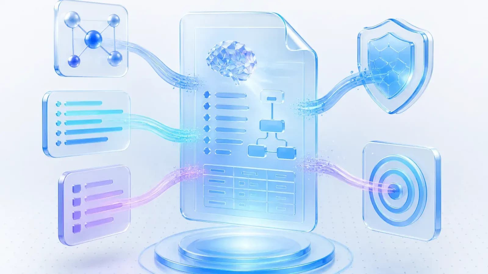 Abstract illustration of business problems, data boundaries, and acceptance criteria converging into an AI requirements document