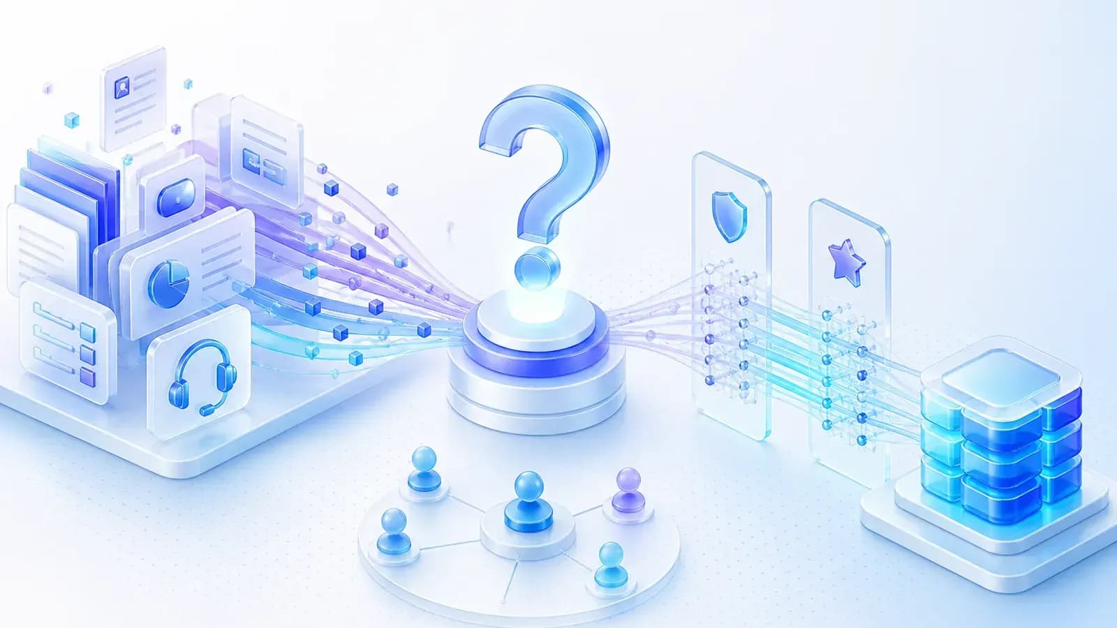Abstract illustration of a business team selecting and organising the first set of knowledge base material around real questions